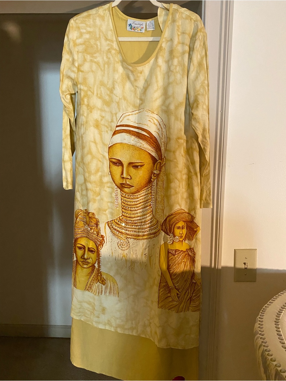 Artistic Cream Tan Maxi Dress with Portrait Print